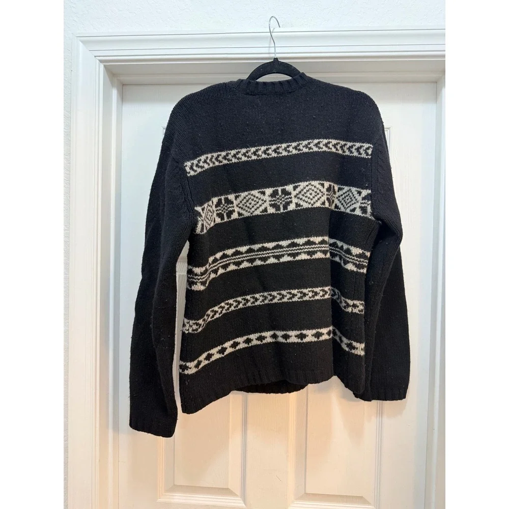 Structure Mens 100% Lambswool Fair Isle Crewneck Sweater Black Cream Vintage L